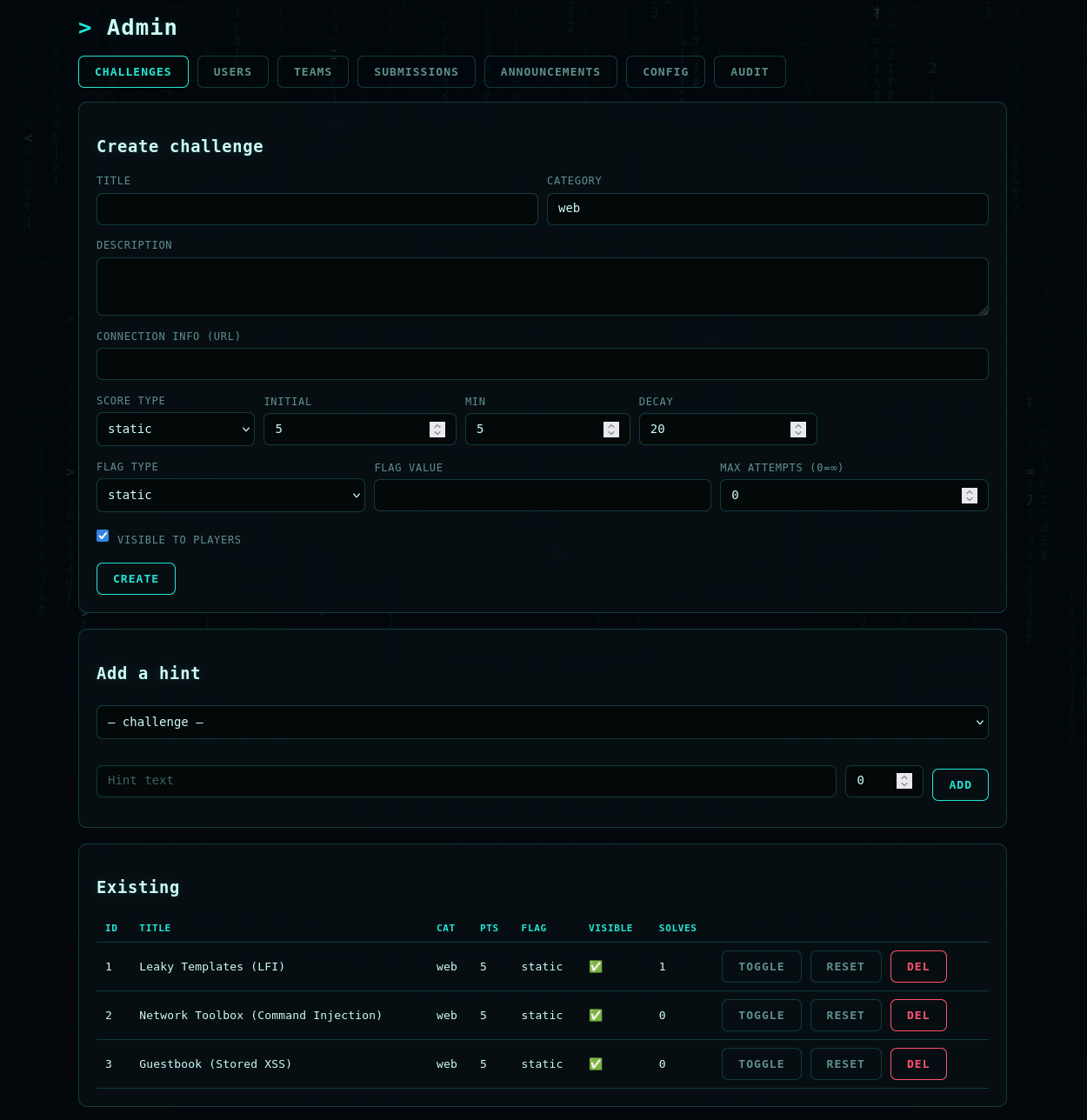 Admin challenge management screen