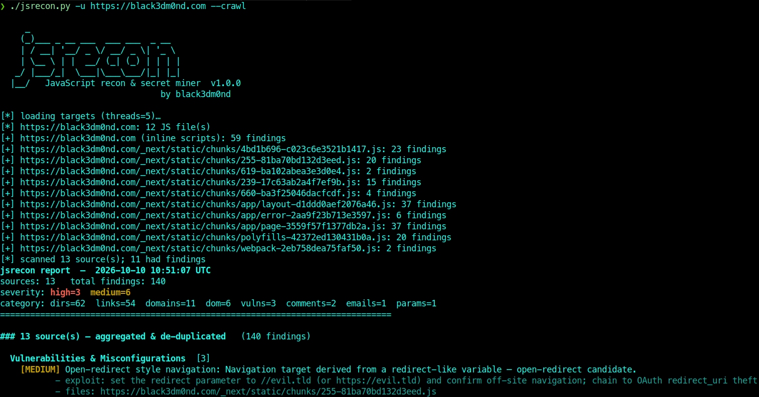 jsrecon crawl report: aggregated findings across the whole site