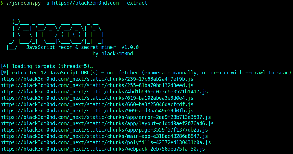 jsrecon --extract: inventory the JS a page loads