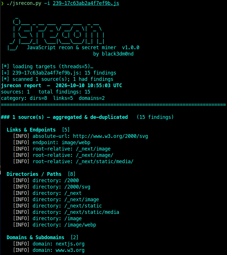 jsrecon: links, endpoints, directories, domains from a single chunk