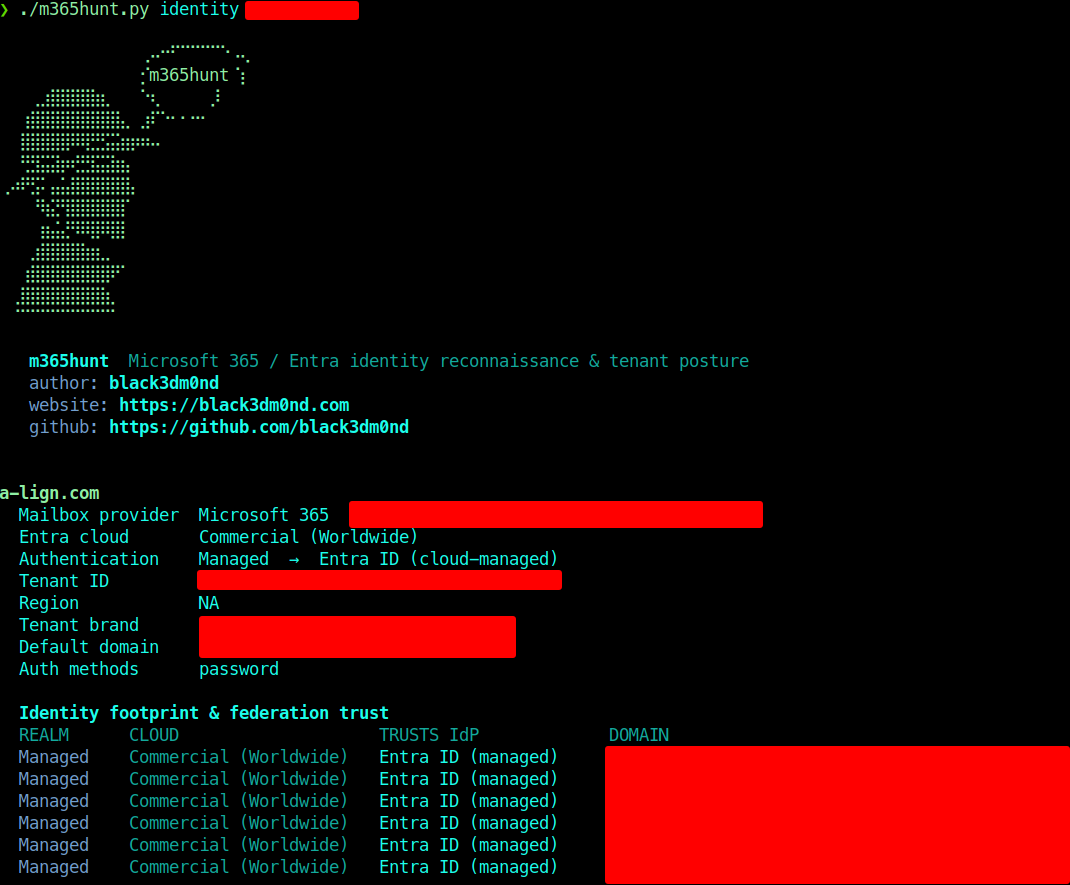 m365hunt identity output: tenant, cloud, auth, federation map